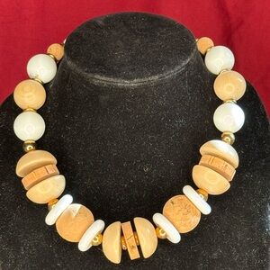 Retro Vintage Cork, Wood and White Beaded Statement Necklace!
